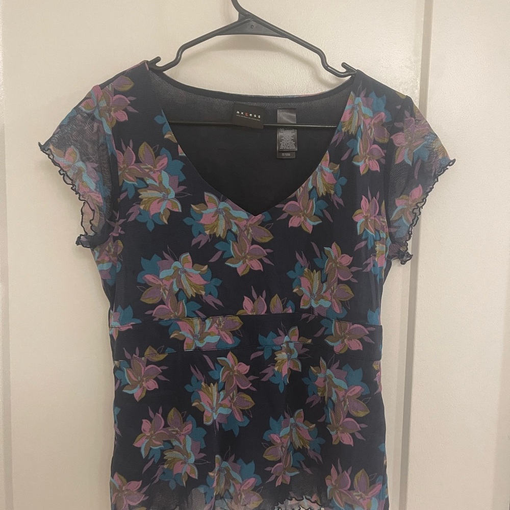 Vintage Y2K Whimseygoth Fairycore Axcess Black Floral Mesh Blouse Sheer
